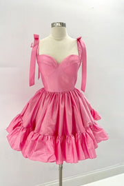 Barbie Pink A-line Bow Tie Straps Ruffled Satin Homecoming Dress
