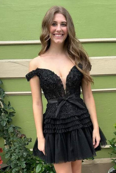 Off-the-Shoulder Bow Tiered Short Homecoming Dress with Ruffles