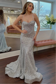 Sweetheart Spaghetti Straps Mermaid Sequins Party Prom Dress
