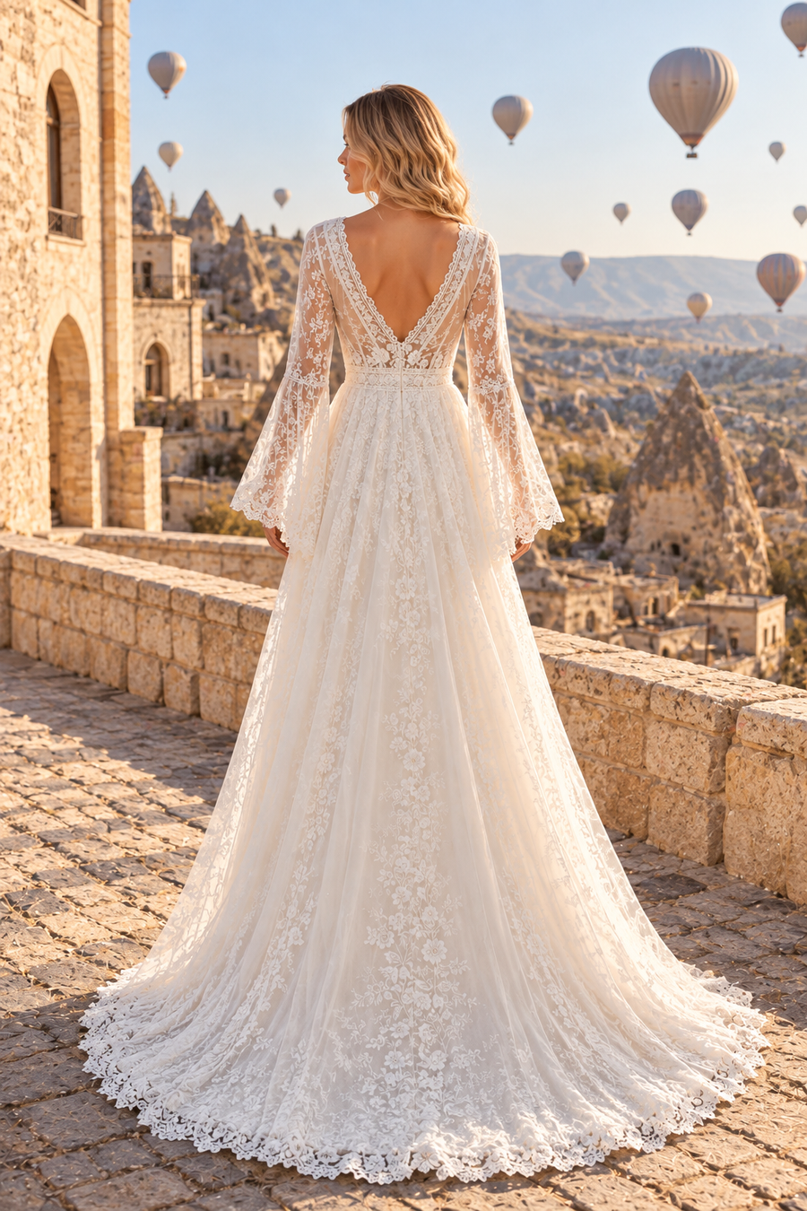 Modest Bell Sleeves V-Neck Empire Lace A-Line Wedding Dress