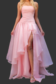 A-Line Strapless A-Line Tiered Party Prom Dress With Slit