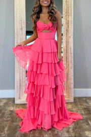 Strapless Chiffon Tiered A-Line Long Prom Dress