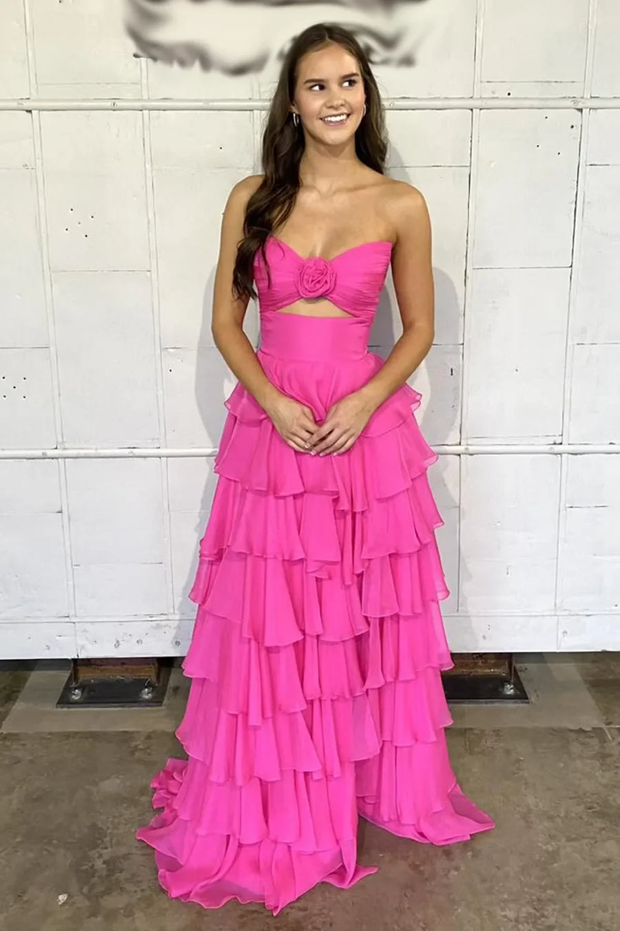 Strapless Chiffon Tiered A-Line Long Prom Dress