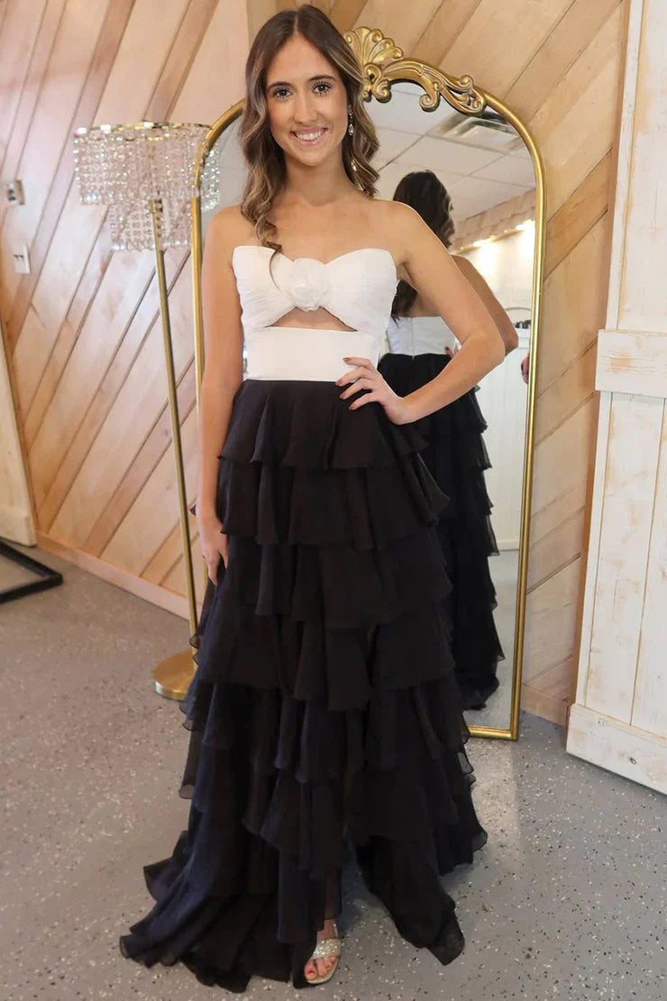 Strapless Chiffon Tiered A-Line Long Prom Dress