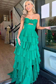 Strapless Chiffon Tiered A-Line Long Prom Dress