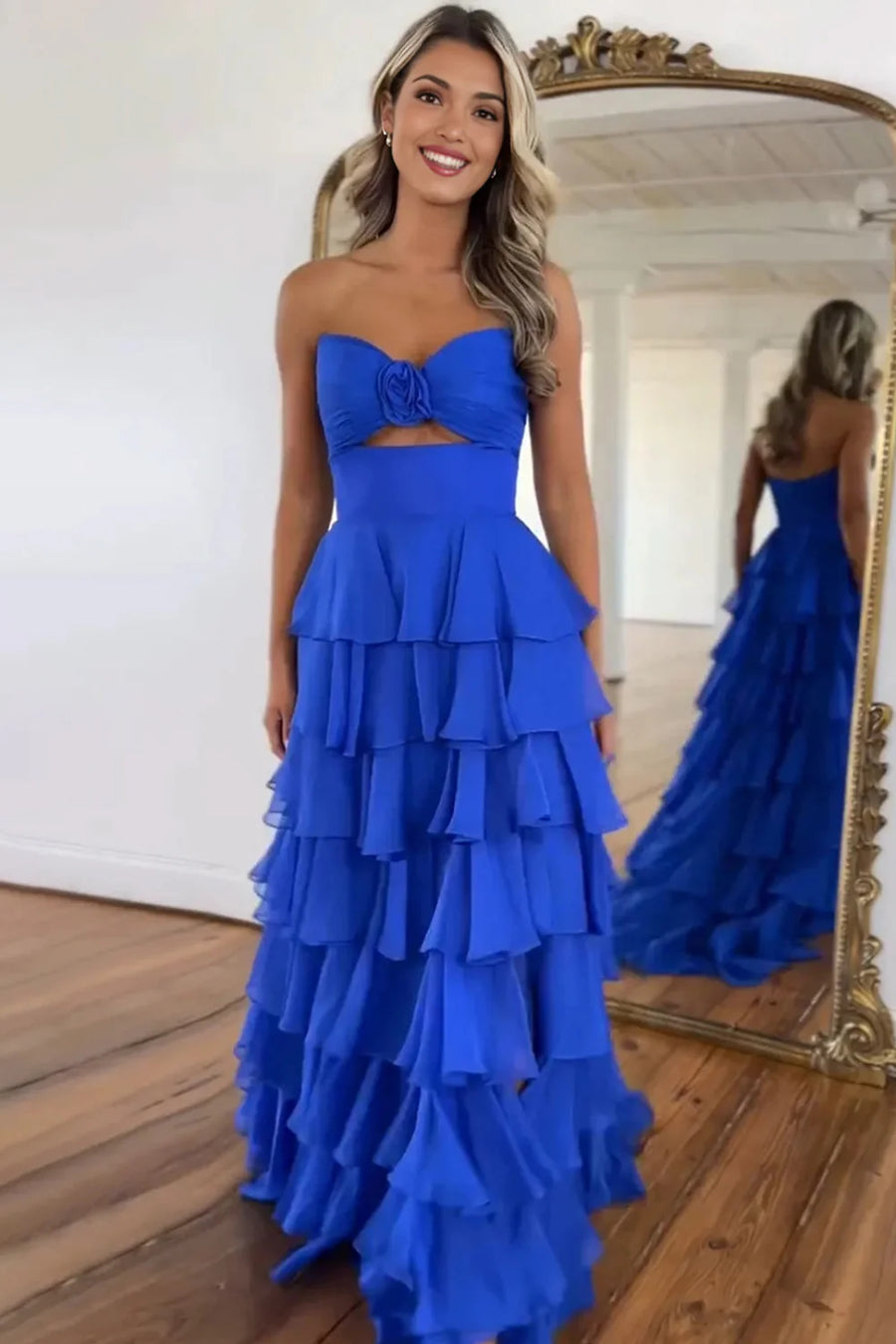 Strapless Chiffon Tiered A-Line Long Prom Dress