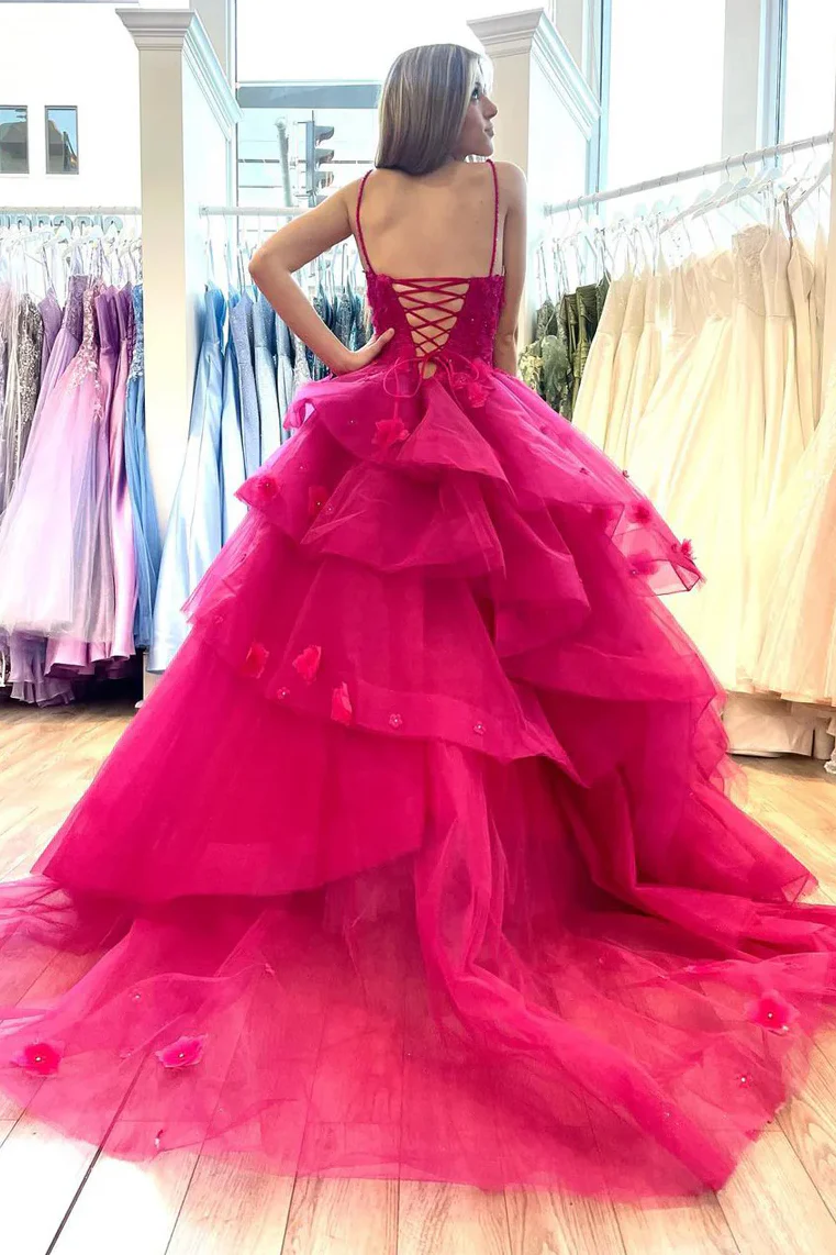 Sweetheart Spaghetti Straps Tulle A-Line Floral Prom Dress
