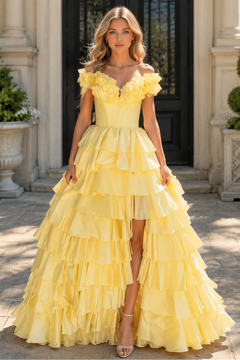 Satin A-Line Ruffled Off-Shoulder Empire Tiered Party Prom Dress