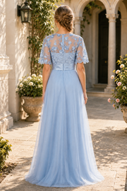 Blue Lace And Tulle A-Line Round Short Sleeves Mother Of The Bride Dress 