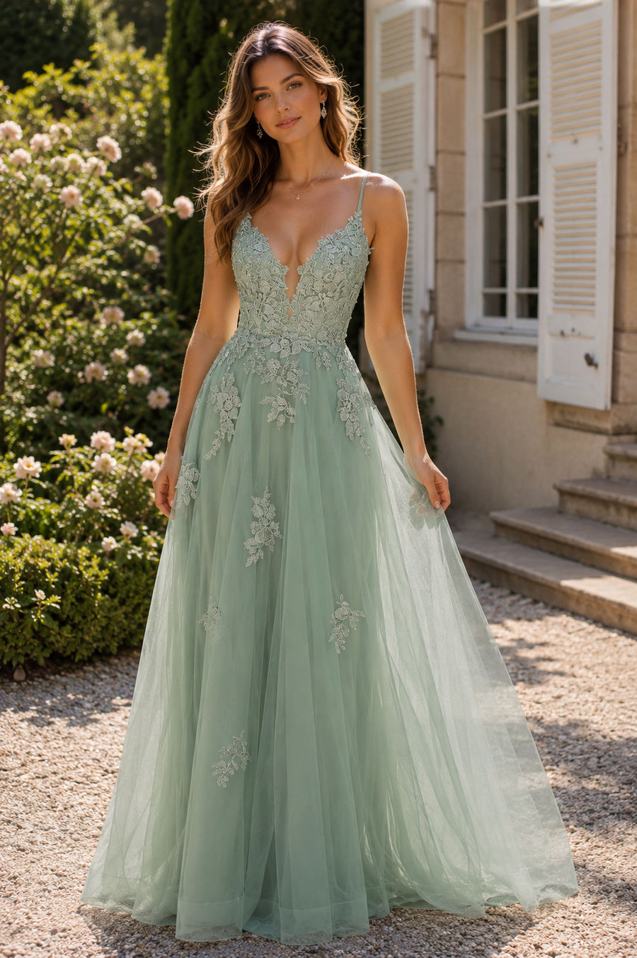 Plunging V Neck Appliques Lace-Up A-line Long Prom Dress