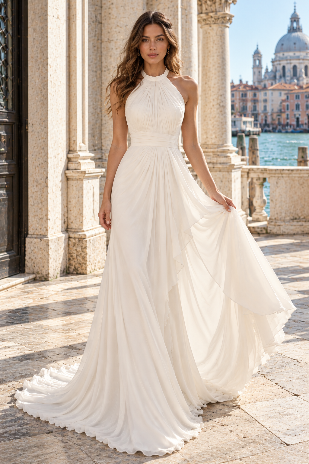 Simple Chiffon A-Line Round Sleeveless Empire Pleated Wedding Dress