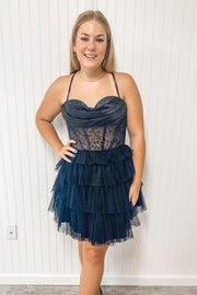 Peacock Corset A-line Ruffle Short Homecoming Dress