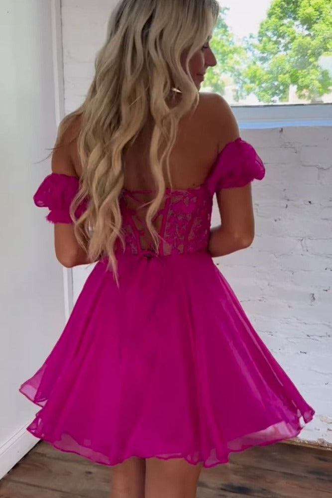 Lace Off the Shoulder A Line Homecoming Dress with Appliques