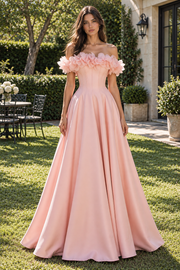Ruffle Off-Shoulder Satin A-Line Empire Floor-Length Party Prom Dress