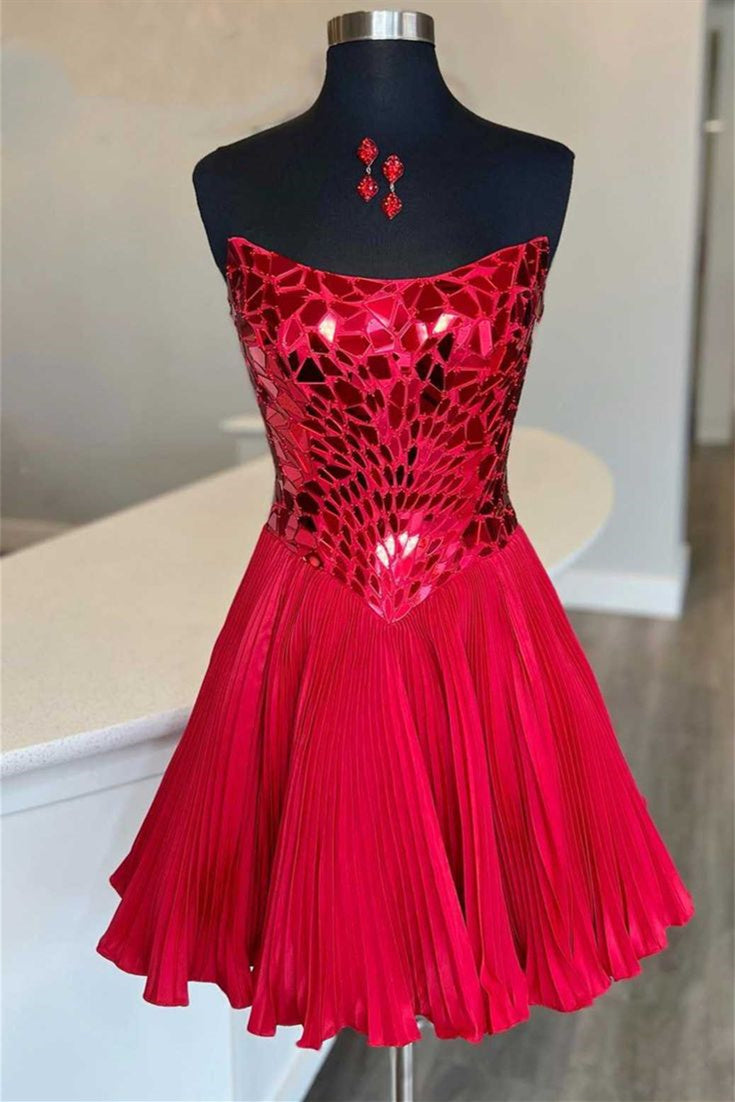 Red Cut Glass Mirror Strapless A-Line Gathered Homecoming Dress Red / US 6 Red Cut Glass Mirror Strapless A-Line Gathered Homecoming Dress Red / US 6