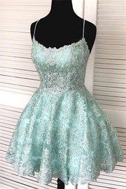 Short A-line Sleeveless Lace Open Back Formal Graduation Homecoming Dresses