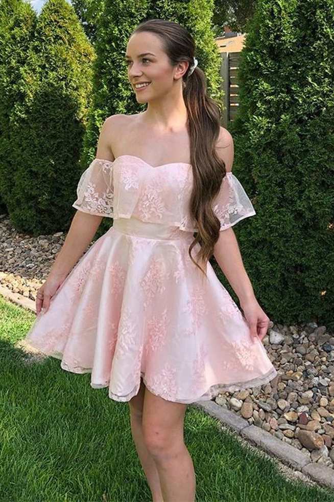 Off the Shoulder Pink Lace Short Prom Dresses Homecoming Dresses Pink / US 6 Off the Shoulder Pink Lace Short Prom Dresses Homecoming Dresses Pink / US 6