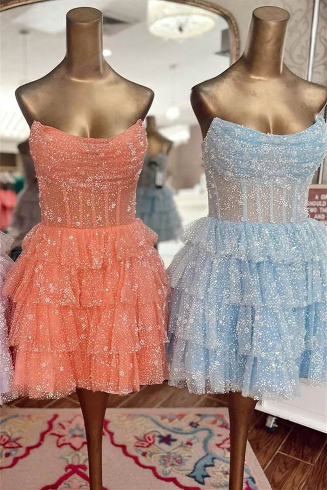 Tulle Beaded Strapless Tiered Short Homecoming Dress