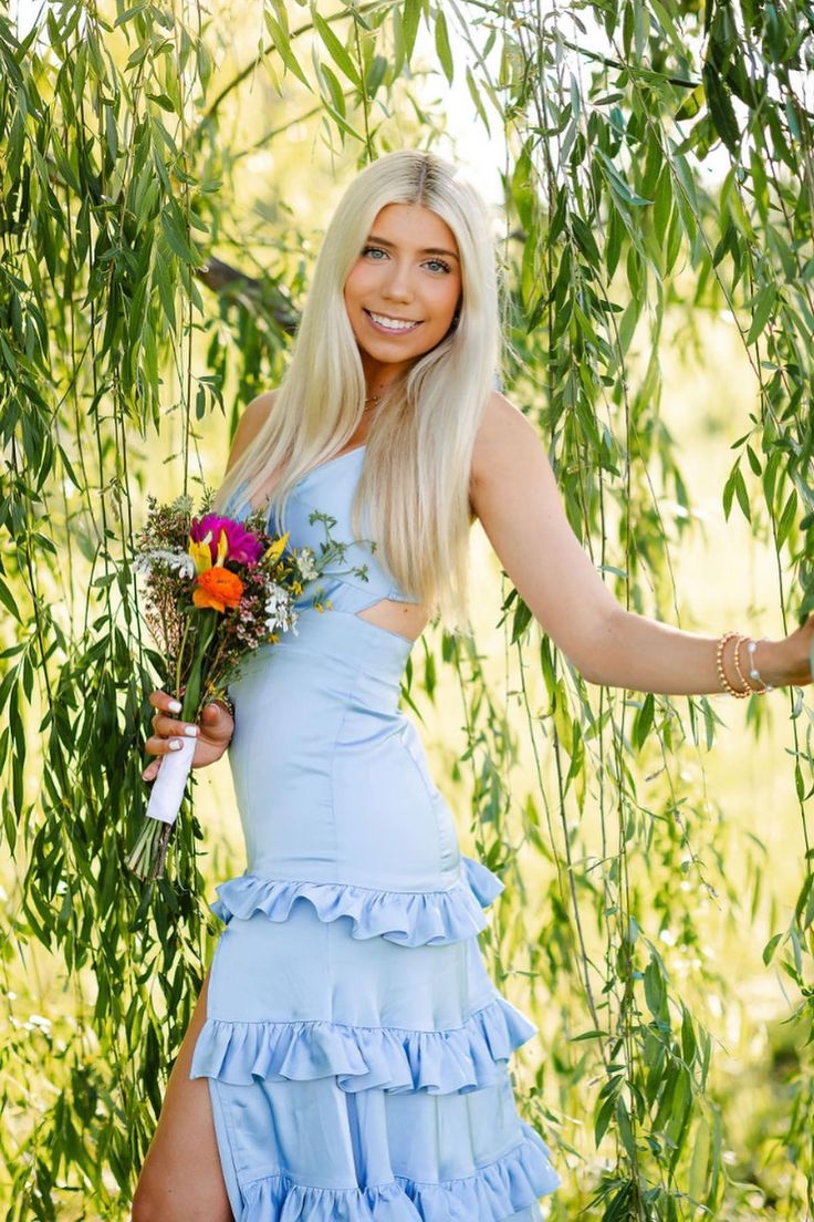 Low V-Neck Spaghetti Straps Tiered Ruffled Bridesmaid/ Prom Dress