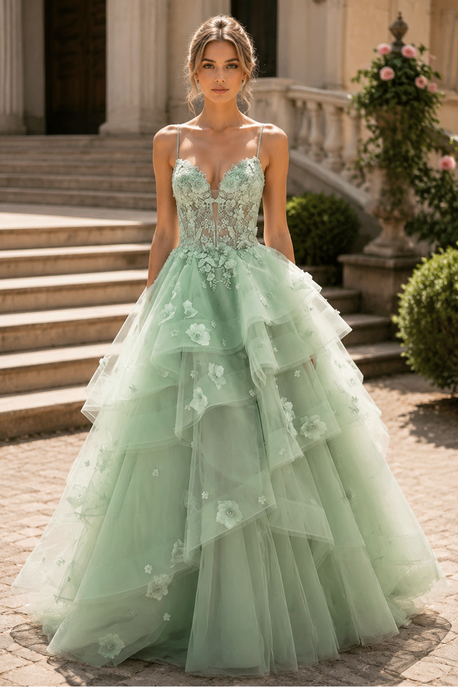 Sweetheart Spaghetti Straps Tulle A-Line Floral Prom Dress