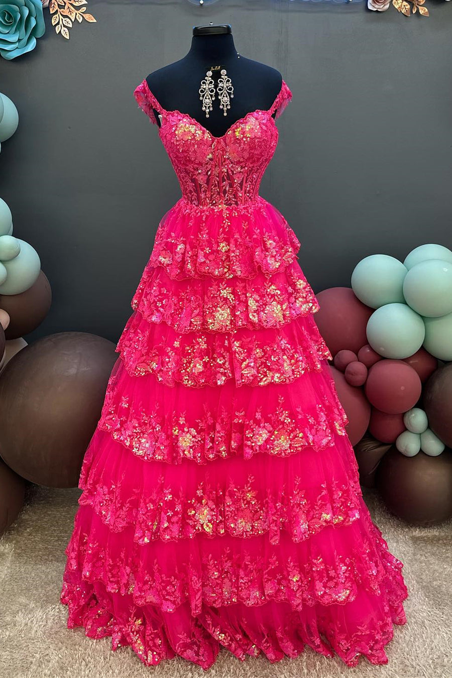 Fuchsia Sequined Off-Shoulder A-line Layers Long Prom Dress Fuchsia / Custom Size Fuchsia Sequined Off-Shoulder A-line Layers Long Prom Dress Fuchsia / Custom Size