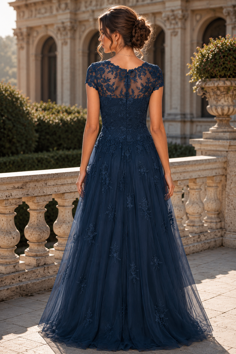 V-Neck Short Sleeveless Tulle A-Line Lace Applques Long Mother Of The Bride Dress 