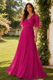 Pleated Chiffon A-Line V-Neck Bell Sleeves Open Back Mother Of The Bride Dress
