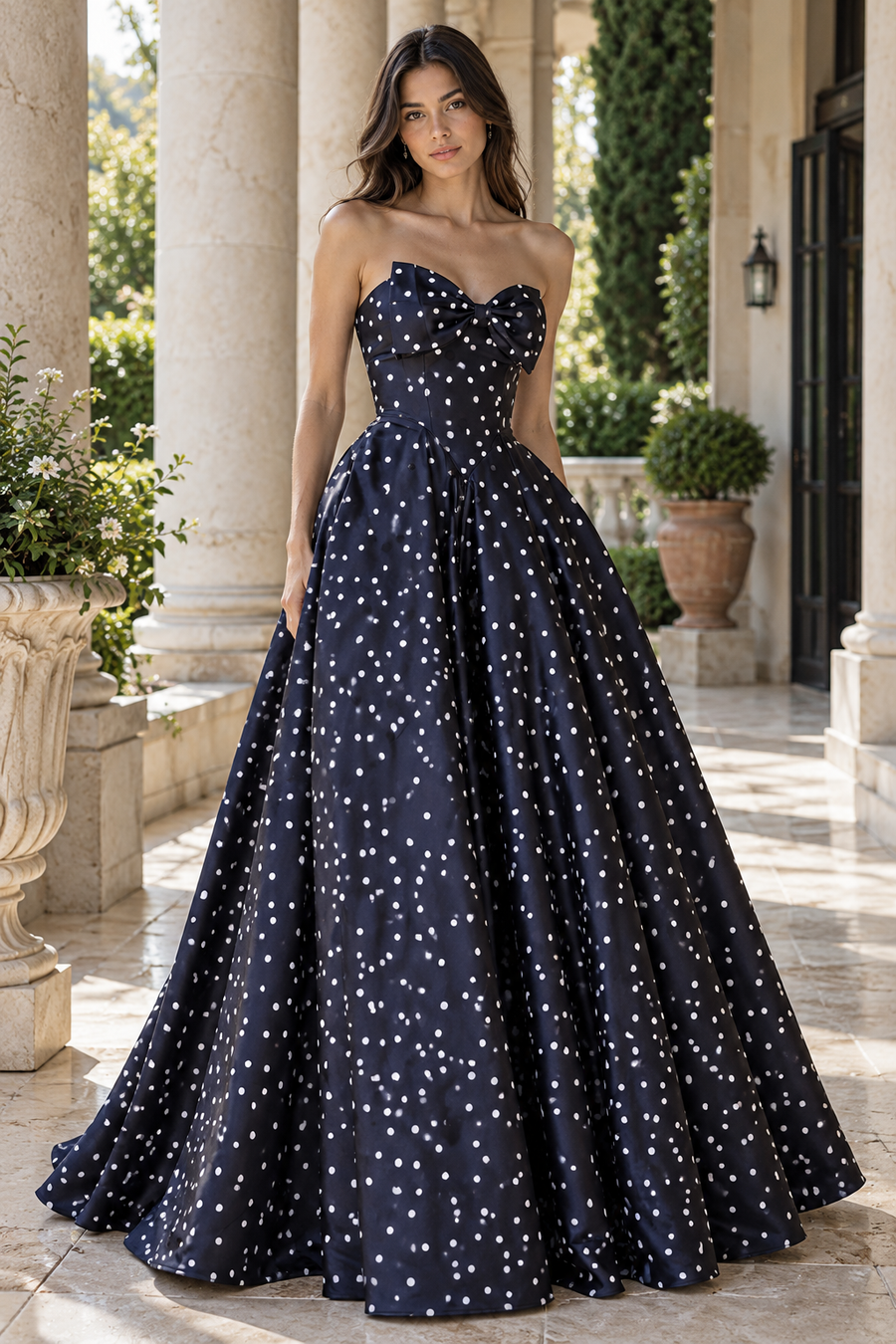 Bow Strapless Empire Polka Dot Satin A-Line Long Party Prom Dress