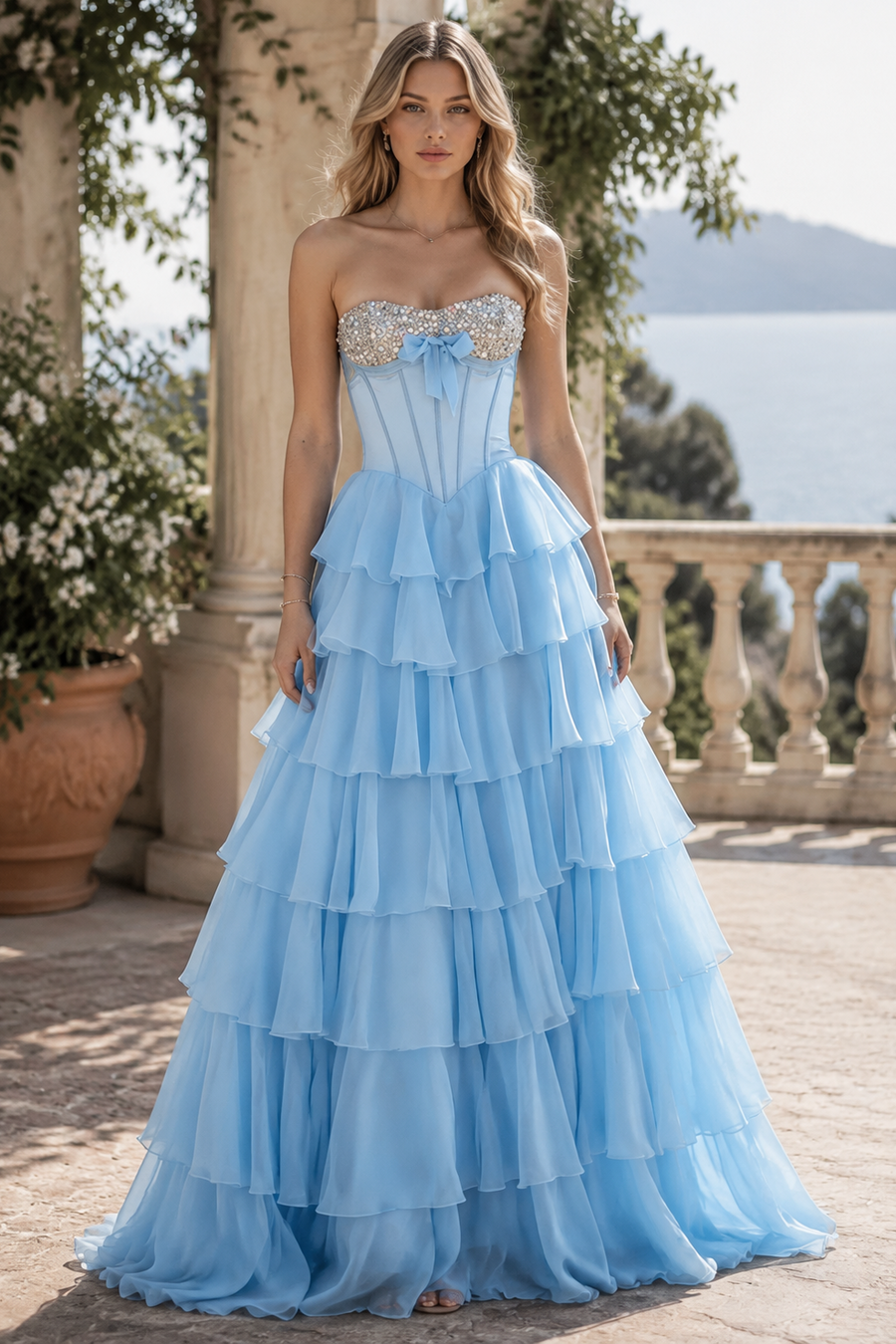 A-Line Empire Beaded Strapless Tiered Party Prom Dress With Slit
