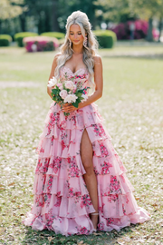 Modest A-Line Empire Sweetheart Strapless Floral Tiered Party Prom Dress