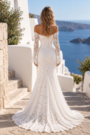 Long Sleeves Off-Shoulder Mermaid Lace Boho Maxi Wedding Dress