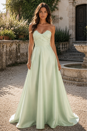Casual Strapless Sleeveless High Waist Satin A-Line Maxi Party Prom Dr
