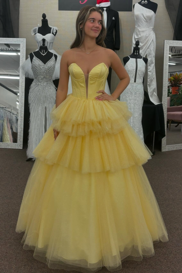 Sweetheart Strapless Glitter Tulle A-Line Tiered Prom Dress