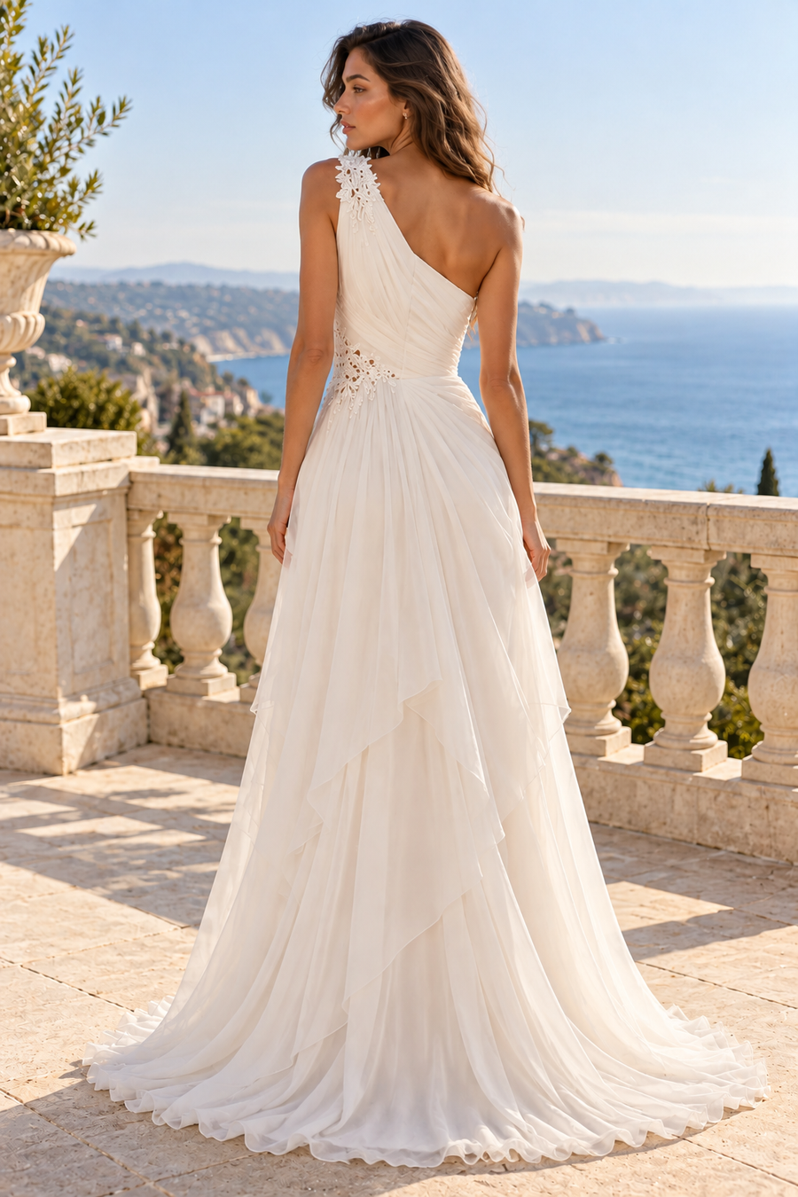 Modest Chiffon A-Line One Shoulder Sleeveless Ruffle Summer Wedding Dress
