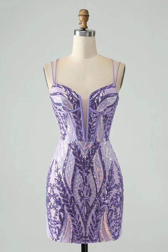 Women Sparkly Dark Purple Corset Sequins Homecoming Dress Dark Purple / US 8 Women Sparkly Dark Purple Corset Sequins Homecoming Dress Dark Purple / US 8