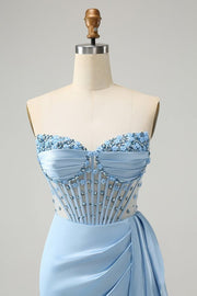 Sparkly Blue Bodycon Corset Homecoming Dress with Beading Sweetheart Cocktail