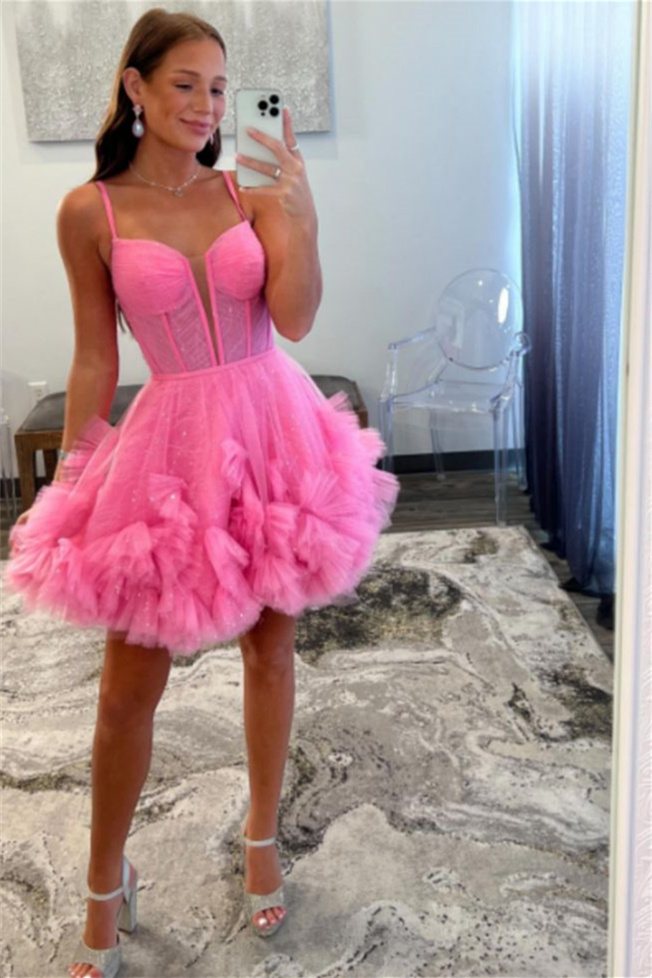 Hot Pink Plunging V Neck Straps A-line Ruffles Homecoming Dress