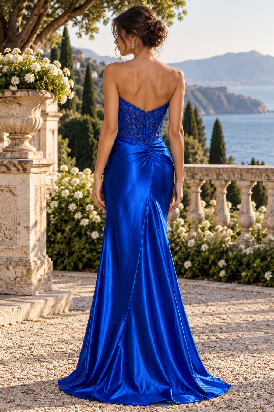 Blue Strapless Ruched Empire Two Tone Mermaid Split Party Prom Dress