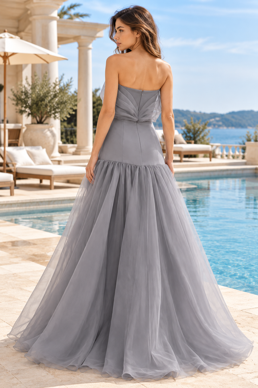 Strapless A-Line Two Tone Maxi Party Prom Dress With Bow
