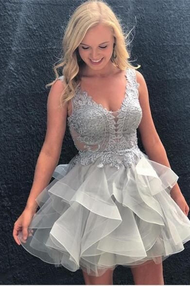 A-Line Scoop Laci Backless Appliques Gray Homecoming Dresses A-Line Scoop Laci Backless Appliques Gray Homecoming Dresses
