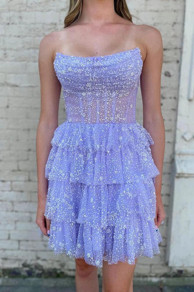 Tulle Beaded Strapless Tiered Short Homecoming Dress | Joyofdress Tulle Beaded Strapless Tiered Short Homecoming Dress | Joyofdress