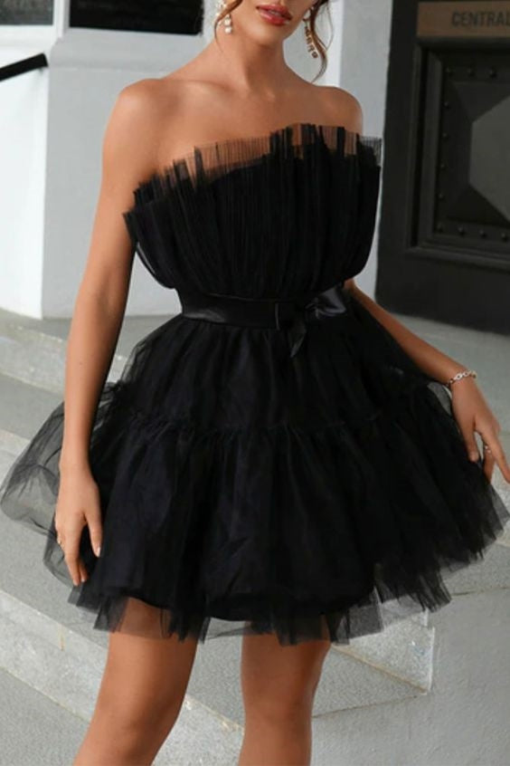 Sexy Prom Solid Color Mesh Bow Decor Strapless Evening Dresses Homecoming Dresses Black / US 2 Sexy Prom Solid Color Mesh Bow Decor Strapless Evening Dresses Homecoming Dresses Black / US 2