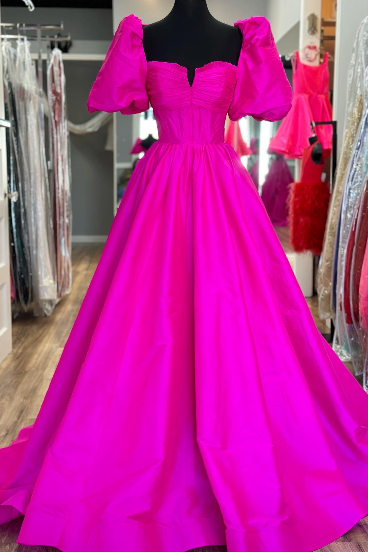 Fuchsia Puff Sleeves Ruffle A-line Long Prom Dress