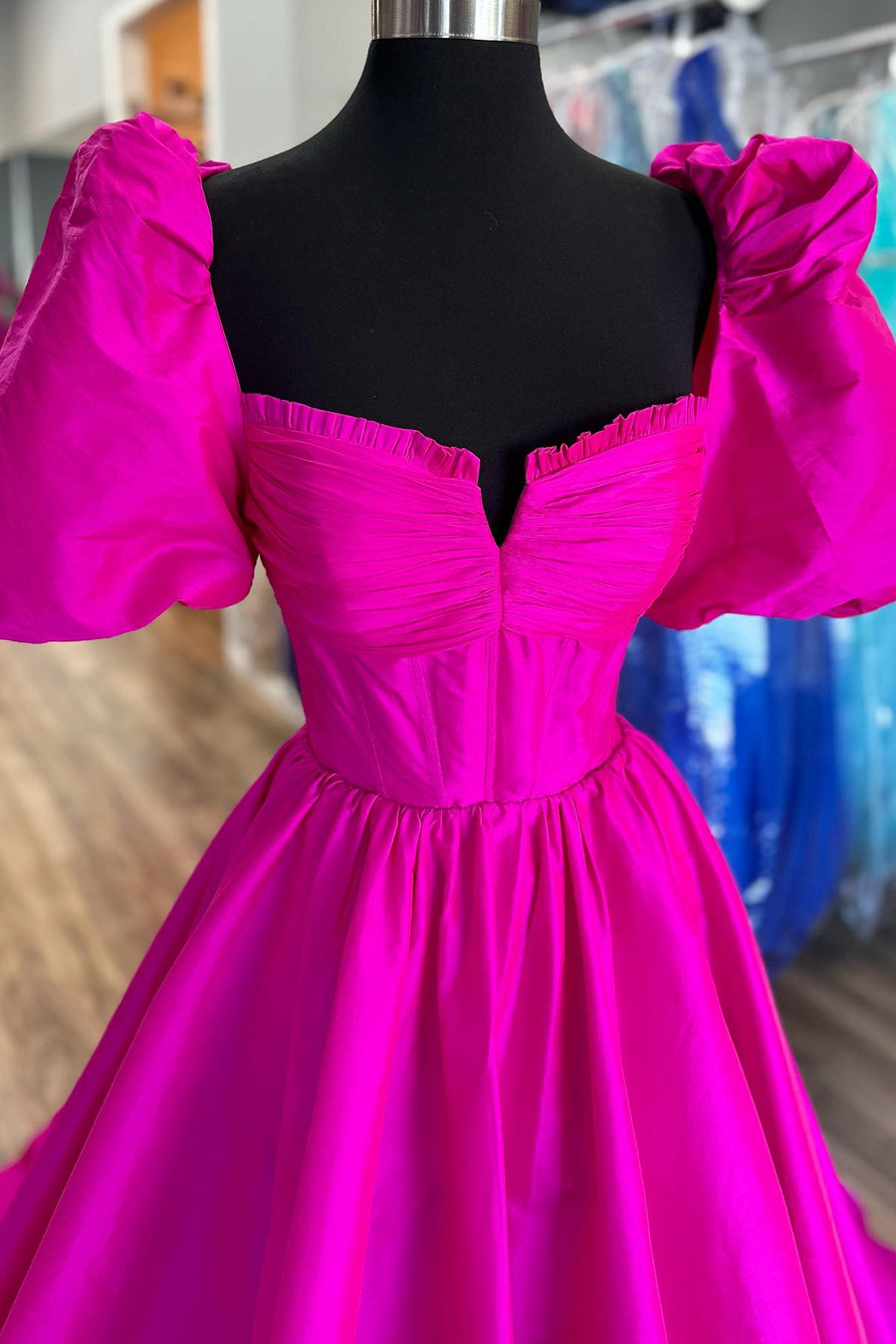 Fuchsia Puff Sleeves Ruffle A-line Long Prom Dress