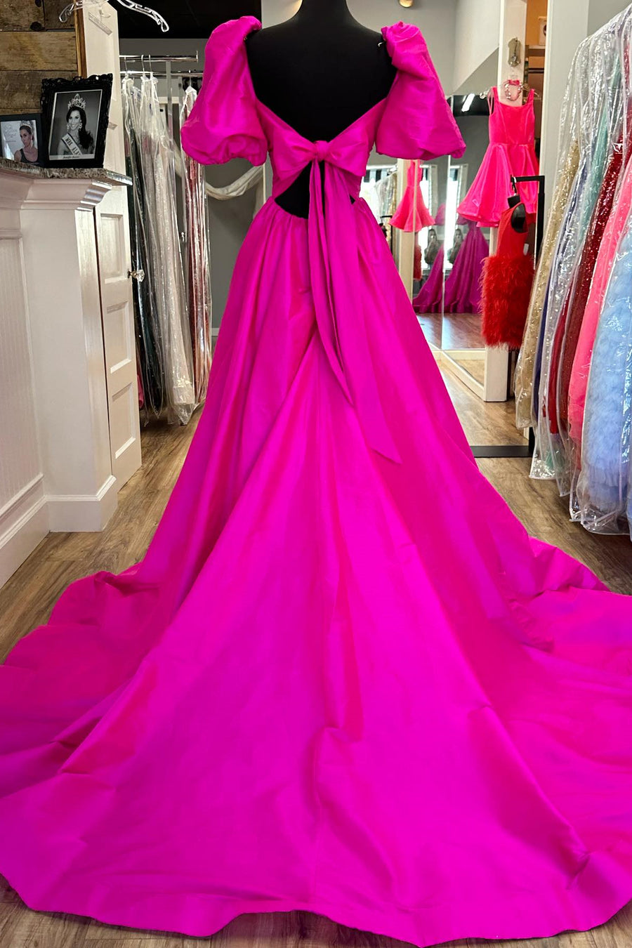 Fuchsia Puff Sleeves Ruffle A-line Long Prom Dress Fuchsia / US 8