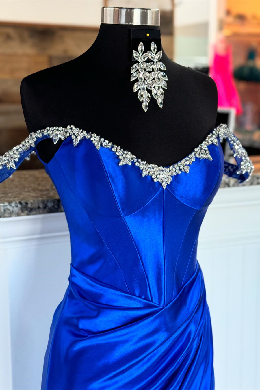Royal Blue Off-Shoulder Mermaid Satin Rhinestones Long Prom Dress with Slit