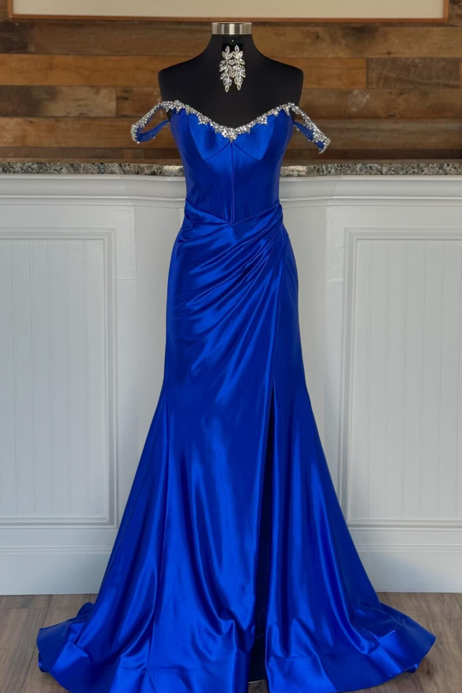 Royal Blue Off-Shoulder Mermaid Satin Rhinestones Long Prom Dress with Slit