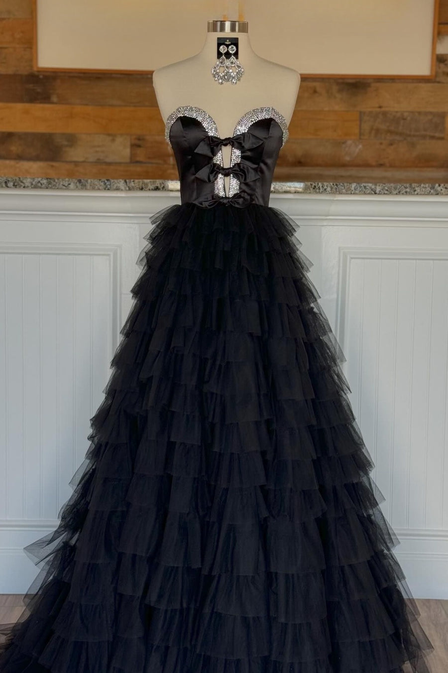 Black Beaded Strapless Layers A-line Long Prom Dress with Bows
