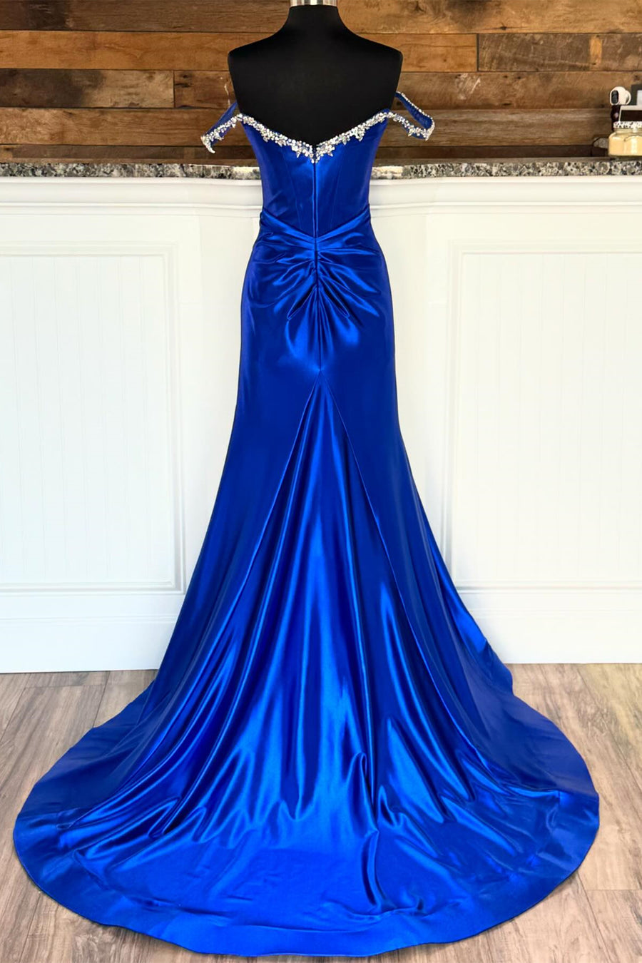Royal Blue Off-Shoulder Mermaid Satin Rhinestones Long Prom Dress with Slit