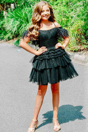 Chic Tulle A-Line Off-Shoulder Beaded Feathers Homecoming Dress